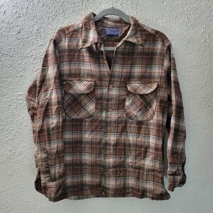 Vtg Pendleton Mens L Original Board Shirt Loop Collar Virgin Wool Flannel Brown